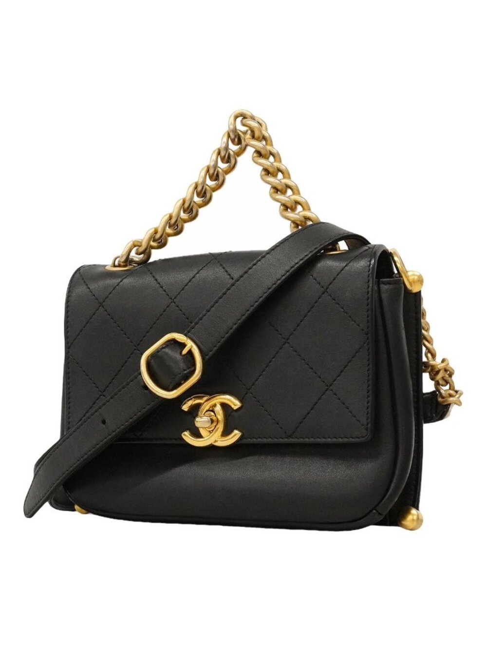 Chanel Shoulder Bag Quilted Leather Black Gold